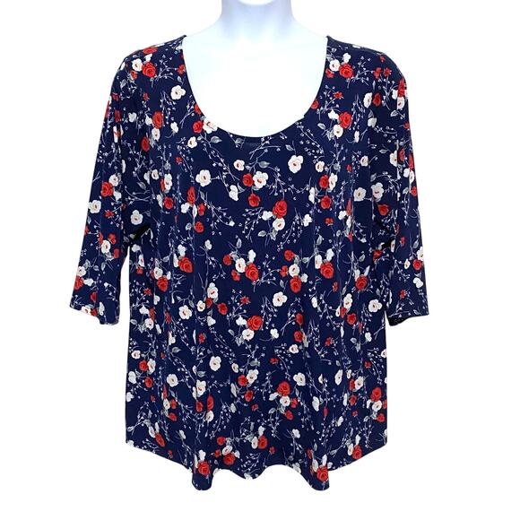 Gilli Floral Blue Blouse 3X Career Criss Cross Back Feminine Flowy Stretch Boho - Picture 1 of 7